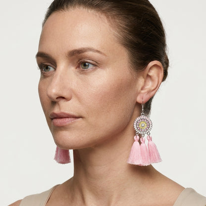 Summer Boho Earrings Tassels Pink 75mm