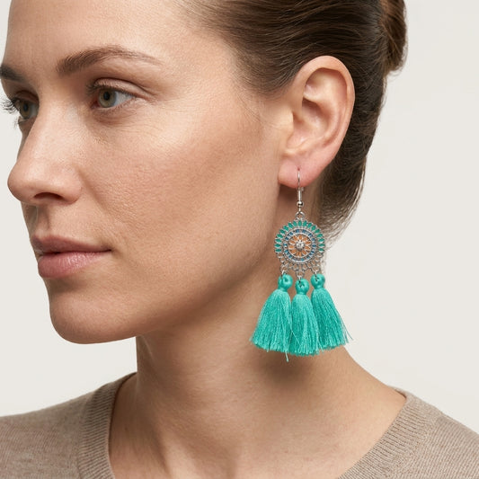 Boucles d'oreilles bohèmes d'été à pompons, couleur menthe, 75 mm