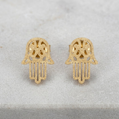 Goudkleurige Hamsa Oorstekers RVS – Handje van Fatima – Mat Sandblasted (10x7mm)
