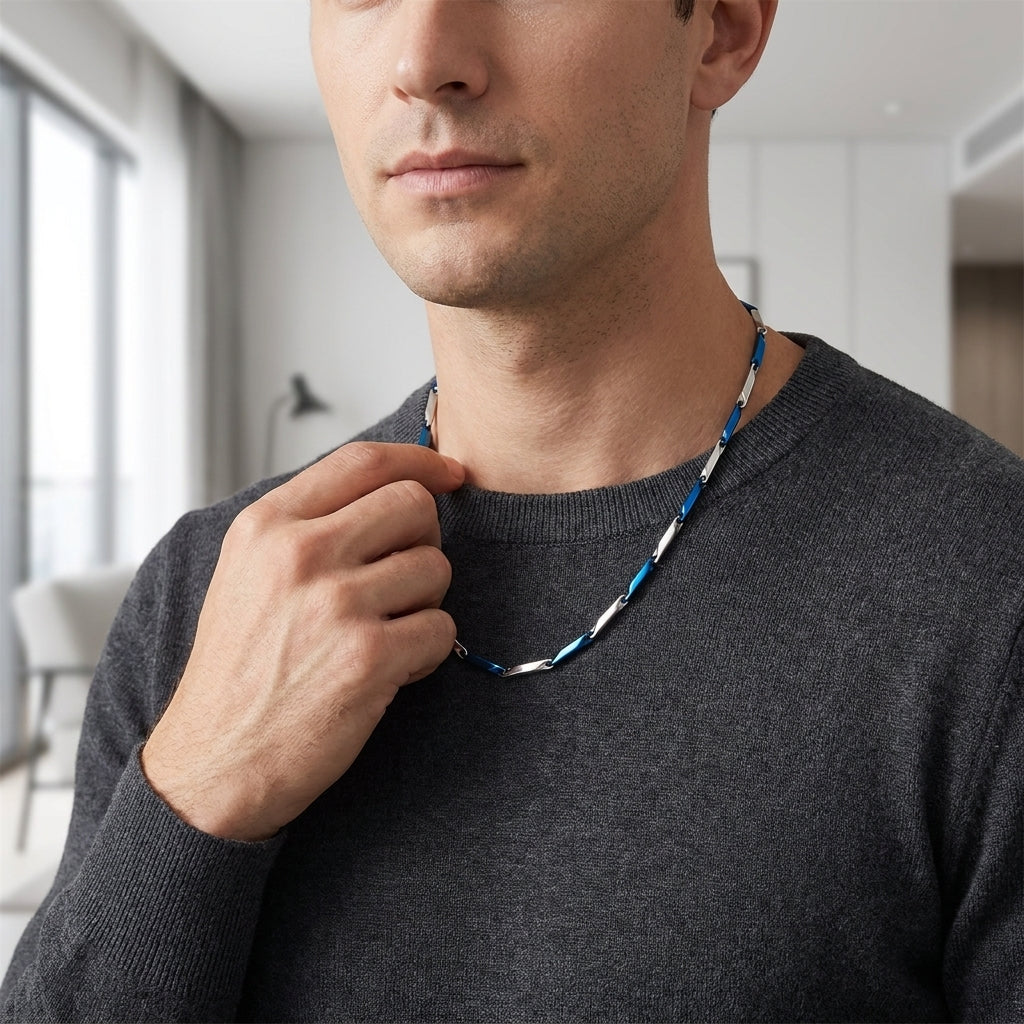 Bicolor Bamboo Ketting Blauw-Zilver Staal – Schakelketting 2,5mm (60cm)