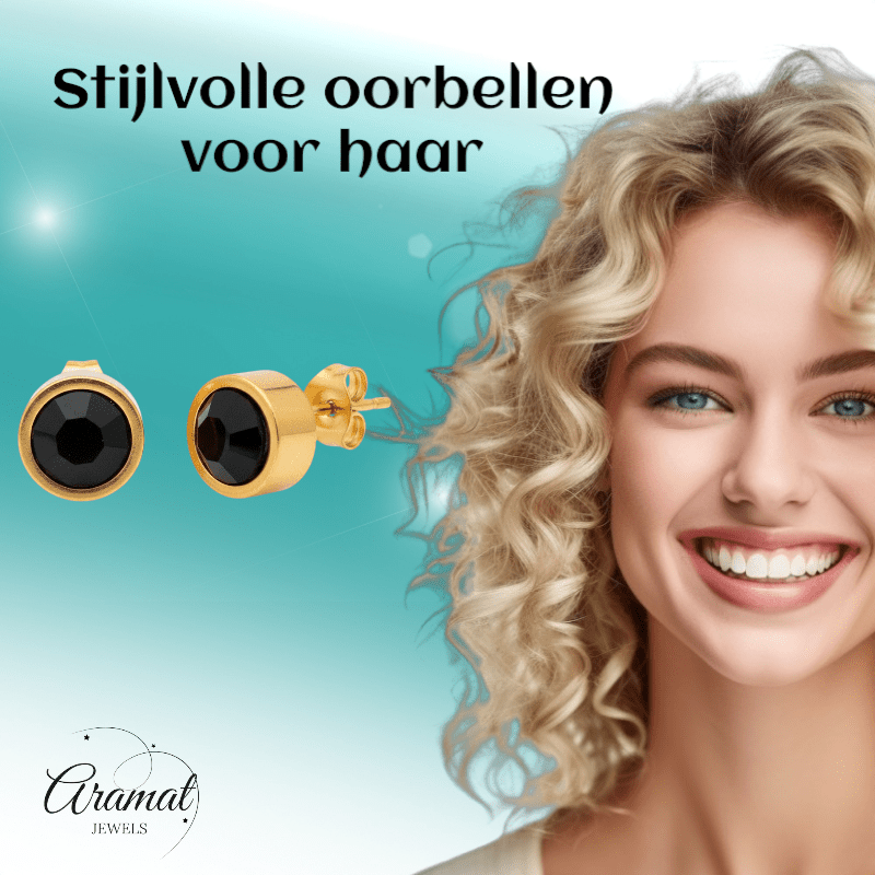 Prachtige Goudkleurige Zwarte Zirkonia Oorbellen - Aramat Jewels - Oorbellen - cadeautip