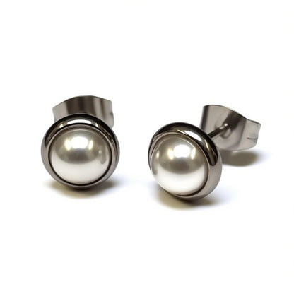 Stud Earrings – Pearl White Steel (8mm)