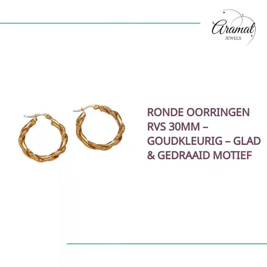 Ronde Oorringen RVS 30mm &ndash; Goudkleurig &ndash; Glad &amp; Gedraaid Motief by@Outfy
