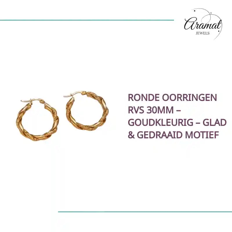 Ronde Oorringen RVS 30mm &ndash; Goudkleurig &ndash; Glad &amp; Gedraaid Motief by@Outfy