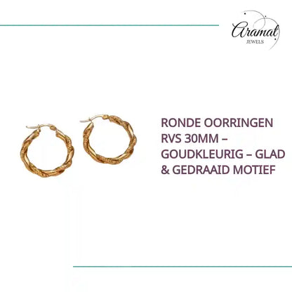 Ronde Oorringen RVS 30mm &ndash; Goudkleurig &ndash; Glad &amp; Gedraaid Motief by@Outfy