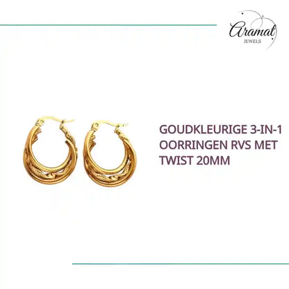 Goudkleurige 3-in-1 Oorringen RVS met Twist 20mm by@Outfy