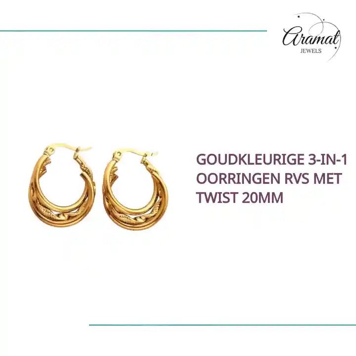 Goudkleurige 3-in-1 Oorringen RVS met Twist 20mm by@Outfy