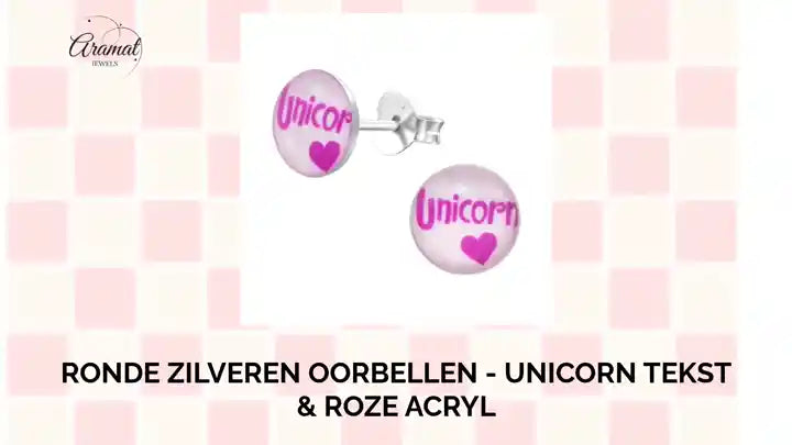 Ronde Zilveren Oorbellen - Unicorn Tekst &amp; Roze Acryl by@Outfy