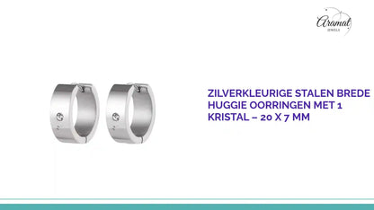 Zilverkleurige Stalen Brede Huggie Oorringen met 1 Kristal &ndash; 20 x 7 mm by@Outfy