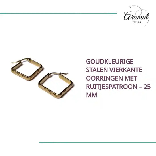 Goudkleurige Stalen Vierkante Oorringen met Ruitjespatroon &ndash; 25 mm by@Outfy