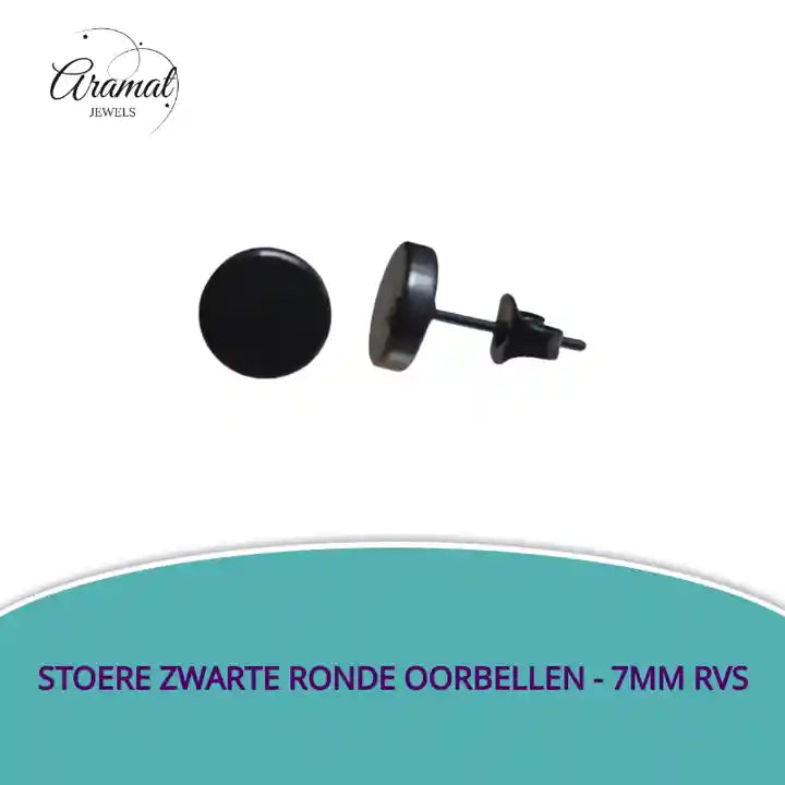 Stoere Zwarte Ronde Oorbellen - 7mm RVS by@Outfy