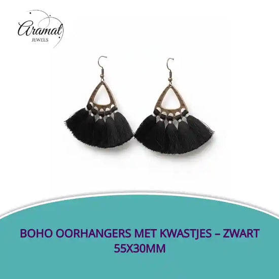 Boho Oorhangers met Kwastjes &ndash; Zwart 55x30mm by@Outfy