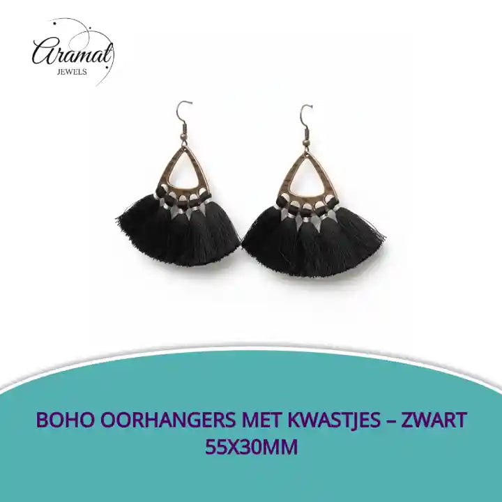 Boho Oorhangers met Kwastjes &ndash; Zwart 55x30mm by@Outfy
