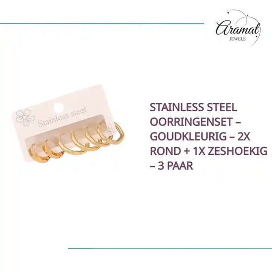 Stainless steel oorringenset &ndash; goudkleurig &ndash; 2x rond + 1x zeshoekig &ndash; 3 paar by@Outfy