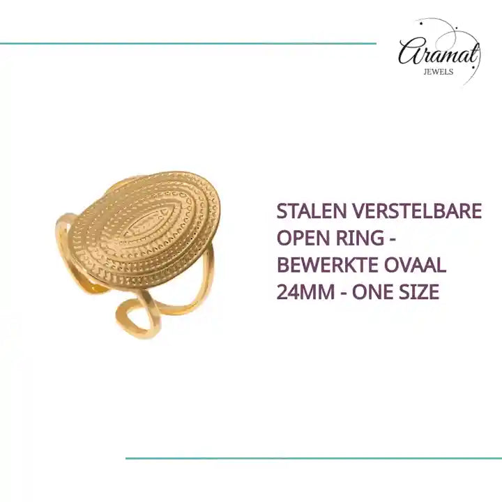 Stalen Verstelbare Open Ring - Bewerkte Ovaal 24mm - One Size by@Outfy