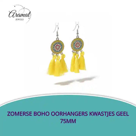 Zomerse Boho Oorhangers Kwastjes Geel 75mm by@Outfy