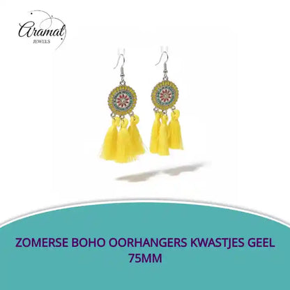 Zomerse Boho Oorhangers Kwastjes Geel 75mm by@Outfy