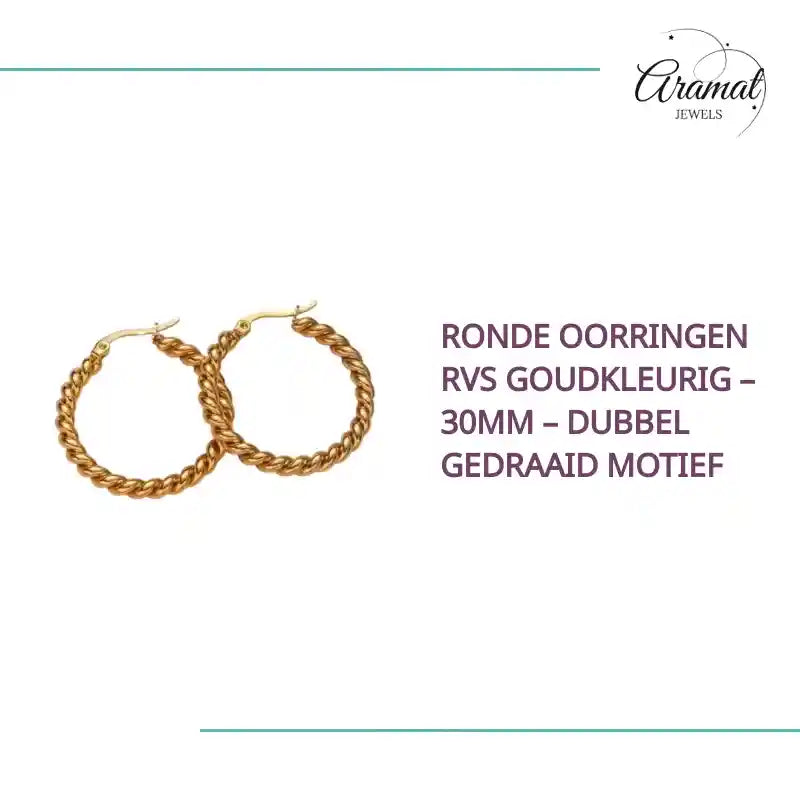 Ronde Oorringen RVS Goudkleurig &ndash; 30mm &ndash; Dubbel Gedraaid Motief by@Outfy
