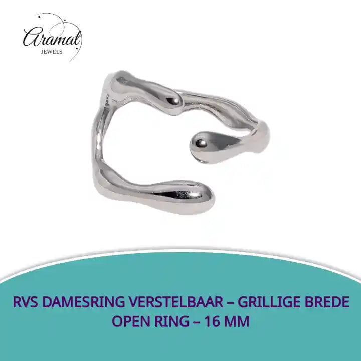 RVS Damesring Verstelbaar &ndash; Grillige Brede Open Ring &ndash; 16 mm by@Outfy