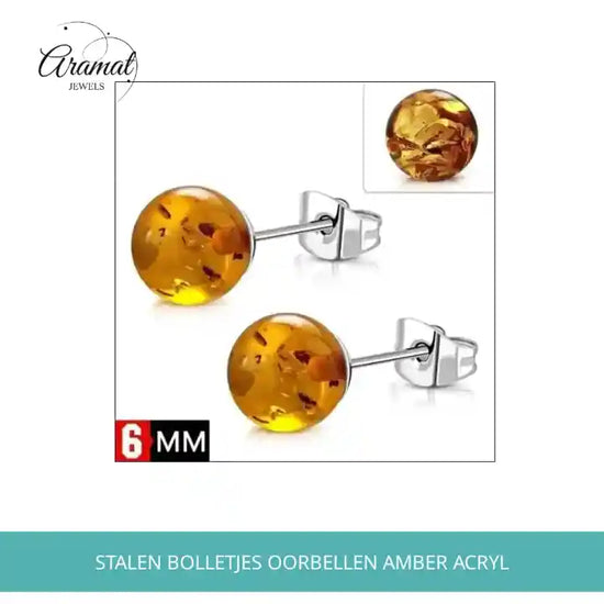 Stalen bolletjes oorbellen amber acryl by@Outfy