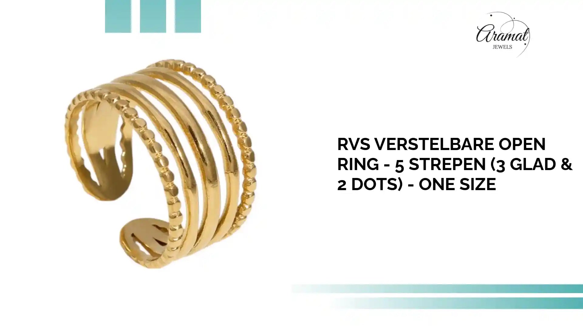 RVS Verstelbare Open Ring - 5 Strepen (3 Glad &amp; 2 Dots) - One Size by@Outfy