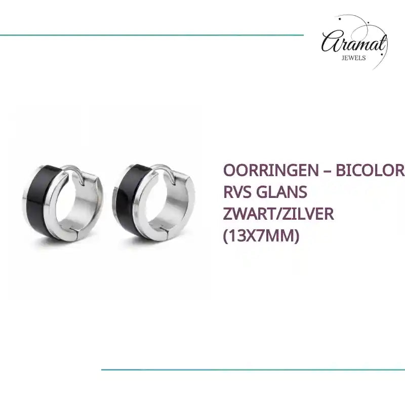 Oorringen &ndash; Bicolor RVS Glans Zwart/Zilver (13x7mm) by@Outfy