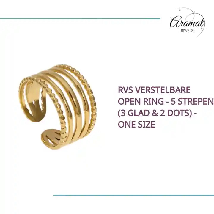 RVS Verstelbare Open Ring - 5 Strepen (3 Glad &amp; 2 Dots) - One Size by@Outfy