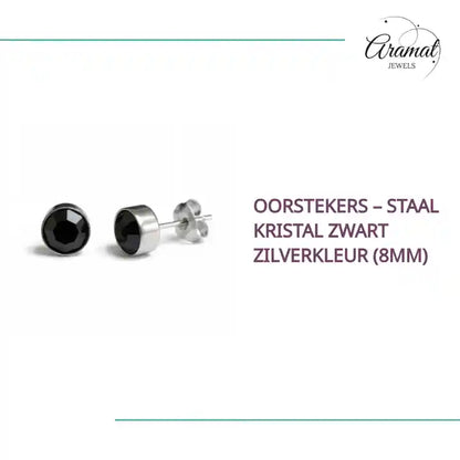 Oorstekers &ndash; Staal Kristal Zwart Zilverkleur (8mm) by@Outfy