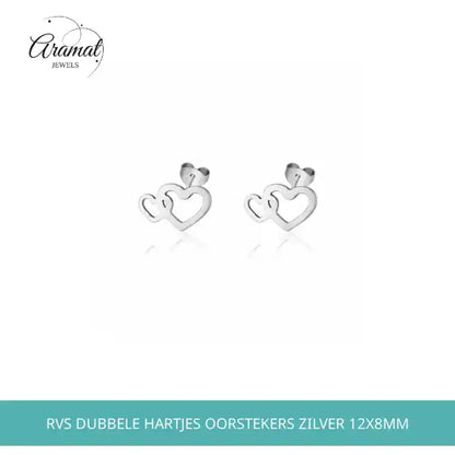 RVS Dubbele Hartjes Oorstekers Zilver 12x8mm by@Outfy