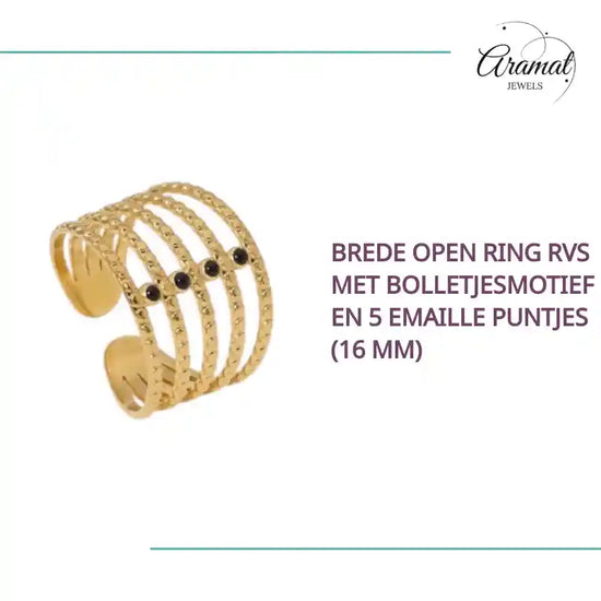 Brede Open Ring RVS met Bolletjesmotief en 5 Emaille Puntjes (16 mm) by@Outfy