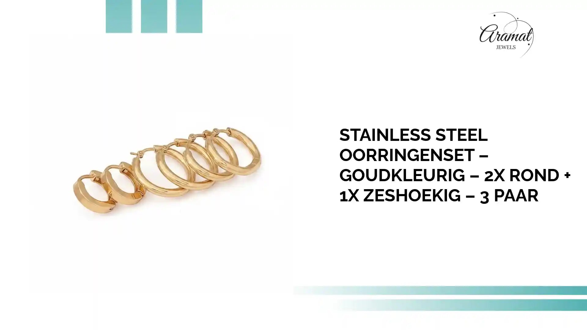 Stainless steel oorringenset &ndash; goudkleurig &ndash; 2x rond + 1x zeshoekig &ndash; 3 paar by@Outfy