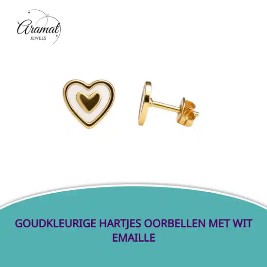 Goudkleurige hartjes oorbellen met wit emaille by@Outfy