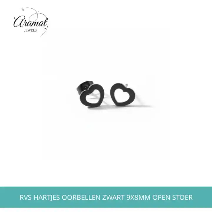 RVS Hartjes Oorbellen Zwart 9x8mm Open Stoer by@Outfy