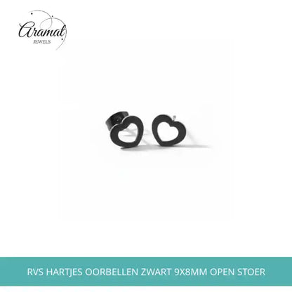 RVS Hartjes Oorbellen Zwart 9x8mm Open Stoer by@Outfy
