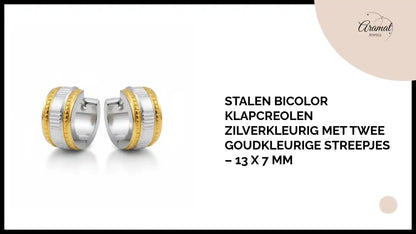 Stalen Bicolor Klapcreolen Zilverkleurig met Twee Goudkleurige Streepjes &ndash; 13 x 7 mm by@Outfy
