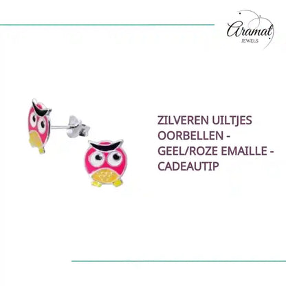 Zilveren Uiltjes Oorbellen - Geel/Roze Emaille - Cadeautip by@Outfy