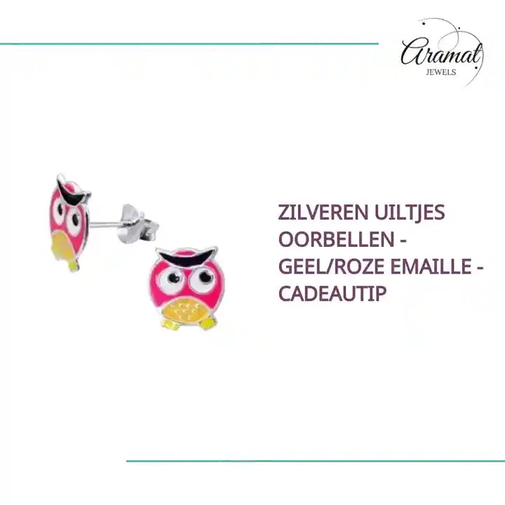 Zilveren Uiltjes Oorbellen - Geel/Roze Emaille - Cadeautip by@Outfy
