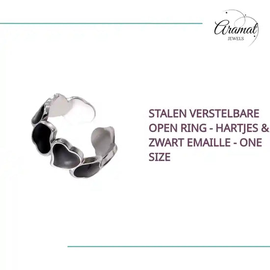 Stalen Verstelbare Open Ring - Hartjes &amp; Zwart Emaille - One Size by@Outfy