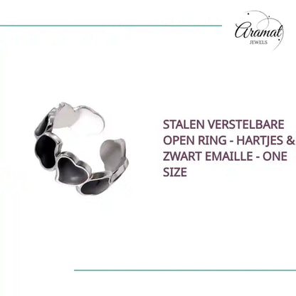 Stalen Verstelbare Open Ring - Hartjes &amp; Zwart Emaille - One Size by@Outfy