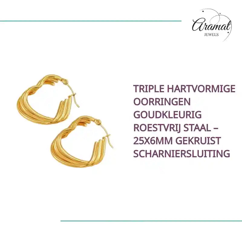 Triple Hartvormige Oorringen Goudkleurig Roestvrij Staal &ndash; 25x6mm Gekruist Scharniersluiting by@Outfy