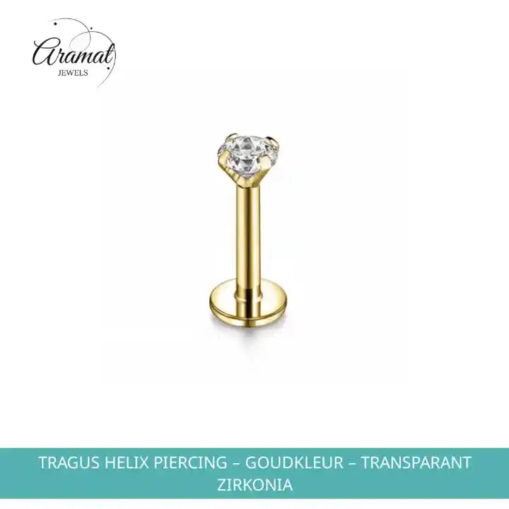 Tragus Helix Piercing &ndash; Goudkleur &ndash; Transparant Zirkonia by@Outfy
