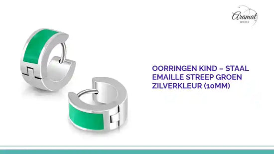Oorringen kind &ndash; Staal Emaille Streep Groen Zilverkleur (10mm) by@Outfy