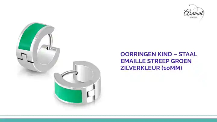 Oorringen kind &ndash; Staal Emaille Streep Groen Zilverkleur (10mm) by@Outfy