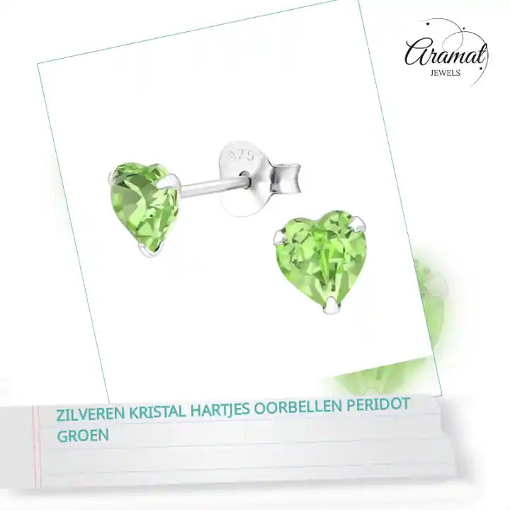 Zilveren Kristal Hartjes Oorbellen Peridot Groen by@Outfy