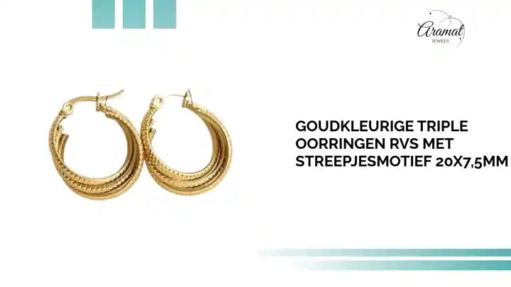 Goudkleurige Triple Oorringen RVS met Streepjesmotief 20x7,5mm by@Outfy