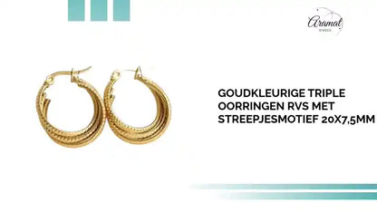 Goudkleurige Triple Oorringen RVS met Streepjesmotief 20x7,5mm by@Outfy