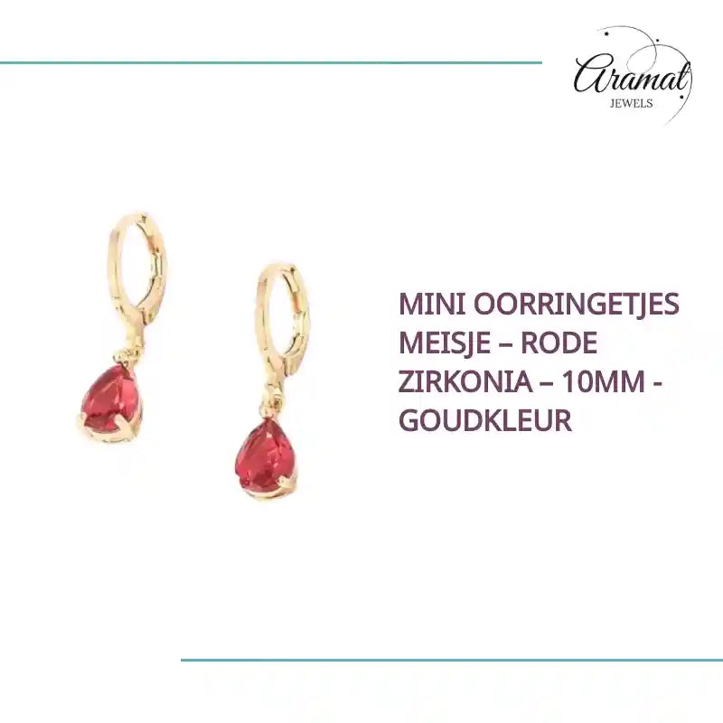 Mini Oorringetjes Meisje &ndash; Rode Zirkonia &ndash; 10mm - Goudkleur by@Outfy