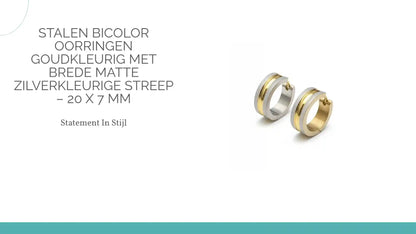 Stalen Bicolor Oorringen Goudkleurig met Brede Matte Zilverkleurige Streep &ndash; 20 x 7 mm by@Outfy