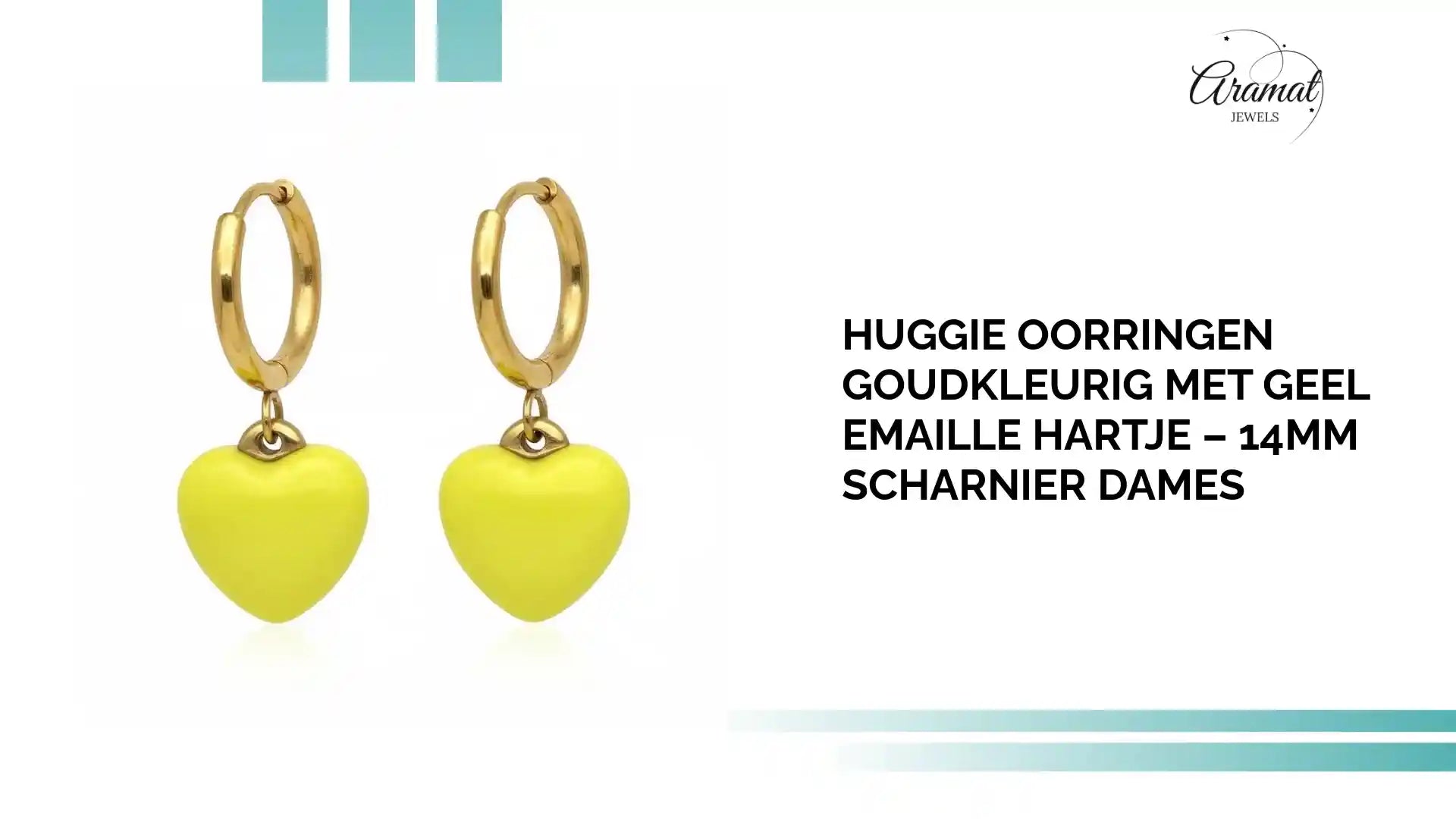 Huggie Oorringen Goudkleurig met Geel Emaille Hartje &ndash; 14mm Scharnier Dames by@Outfy