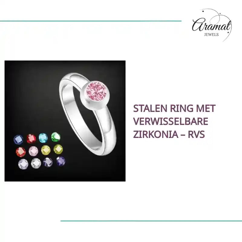 Stalen Ring met Verwisselbare Zirkonia &ndash; RVS by@Outfy